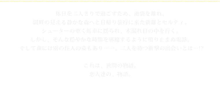 都休日を二人きりで過ごすため、池袋を離れ、湖畔の見える静かな森へと日帰り旅行に来た新羅とセルティ。シューターの牽く馬車に揺られ、木漏れ日の中を行く。しかし、そんな穏やかな時間を邪魔するように鳴り止まぬ電話。そして森には別の住人の姿もあり……。二人を待つ衝撃の出会いとは…!?これは、狭間の物語。恋人達の、物語。